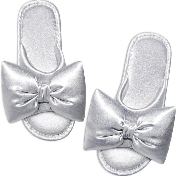 Women's Satin Open-Toe Bow Slippers Memory Foam Indoor House Shoes - Picture 1 of 7